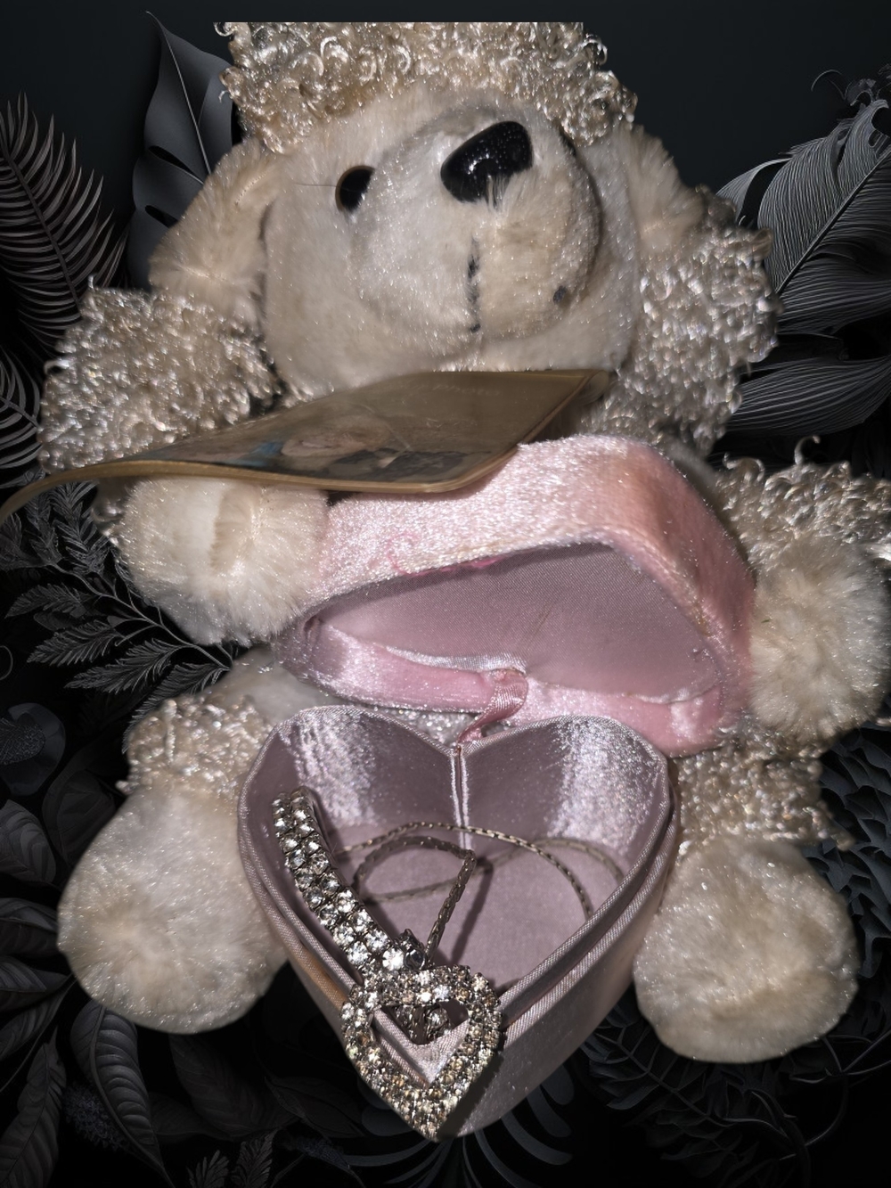 Plush Teddy Bear with Pink Velvet Heart Jewelry Box & Beautiful  Necklace & Brac